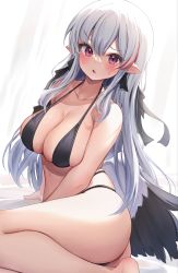 Rule 34 | 1girl, barefoot, bed sheet, bikini, bird tail, black bikini, blush, breasts, cleavage, collarbone, commentary request, hair between eyes, hair ornament, highres, large breasts, long hair, looking at viewer, multicolored hair, original, pointy ears, red eyes, red hair, sidelocks, silver hair, sitting, skindentation, solo, streaked hair, suzushi moruto, sweat, swimsuit, tail, thighs, triangle mouth