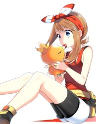 Rule 34 | 1girl, absurdres, bag, bare shoulders, berry, bike shorts, blue eyes, blush, breasts, brown hair, closed eyes, creatures (company), fanny pack, female focus, food, fruit, game freak, gen 3 pokemon, hairband, hands up, highres, holding, holding pokemon, knees up, light blush, looking at another, may (pokemon), may (pokemon oras), mouth hold, nintendo, open mouth, pantyhose, pantyhose under shorts, pokemon, pokemon (creature), pokemon oras, red hairband, red shirt, shirt, shoes, short shorts, shorts, simple background, sitting, sleeveless, sleeveless shirt, small breasts, torchic, white background, white shorts, yellow footwear, yuihico