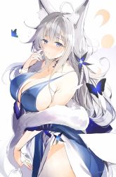 Rule 34 | 1girl, ahoge, animal ear fluff, animal ears, azur lane, blue butterfly, blue collar, blue dress, blue eyes, blush, breasts, bug, butterfly, cleavage, collar, cup, dress, feather boa, finger to mouth, fox ears, fox girl, grey hair, hair ornament, halter dress, halterneck, highres, hoerutarou, holding, holding cup, insect, large breasts, long hair, looking at viewer, moon phases, shinano (azur lane), shinano (dreams of the hazy moon) (azur lane), side slit, sideboob, signature, solo