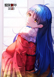 Rule 34 | 1girl, 2023, absurdres, blue hair, blush, braid, breasts, commentary, from side, fur-trimmed kimono, fur trim, happy new year, highres, japanese clothes, kimono, long hair, looking at viewer, medium breasts, misa pika, mouth hold, new year, orange eyes, original, red kimono, simple background, solo, upper body