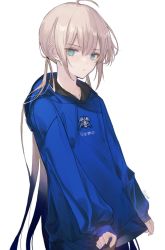 Rule 34 | 1boy, :o, ahoge, alternate costume, blonde hair, blue eyes, blue hair, blue hoodie, captain nemo (fate), child, expressionless, fate/grand order, fate (series), gradient hair, highres, holding, holding clothes, hood, hoodie, light blush, long hair, long sleeves, looking at viewer, male focus, multicolored hair, nemo (fate), sherry 0014, simple background, solo, twintails, two-tone hair, upper body, white background