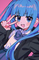 Rule 34 | 1girl, blue eyes, blue hair, blush, bow, bowtie, collared shirt, fang, highres, hood, hoodie, long sleeves, looking at viewer, open mouth, original, pink background, shirt, sleeves past wrists, smile, solo, twintails, umipi