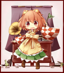Rule 34 | 1girl, apron, bell, blush, checkered clothes, checkered shirt, clothes writing, female focus, gasuto (kamikami), hair bell, hair ornament, highres, jingle bell, long sleeves, looking at viewer, motoori kosuzu, open mouth, phonograph, red eyes, red hair, shirt, short hair, smile, solo, touhou, twintails, two side up, wide sleeves