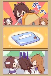 Rule 34 | &gt; &lt;, 3girls, 3koma, = =, animal ears, bow, braid, brown hair, chibi, clothing cutout, comic, commentary, domino mask, ear bow, eating, el condor pasa (umamusume), food, french braid, gomashio (goma feet), grass wonder (umamusume), hair between eyes, hair ribbon, half updo, holding, holding food, horse ears, horse girl, horse print, horse tail, long hair, low-tied long hair, mask, motion lines, multicolored hair, multiple girls, orange background, outdoors, pleated skirt, puffy short sleeves, puffy sleeves, purple bow, purple ribbon, purple shirt, ribbon, sailor collar, sailor shirt, school uniform, shirt, short hair, short sleeves, silent comic, skirt, sound effects, sparkle background, special week (umamusume), summer uniform, tail, tail through clothes, tissue, tracen school uniform, translated, two-tone hair, umamusume, white hair, white sailor collar, white skirt, | |