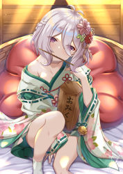Rule 34 | 1girl, antenna hair, bare legs, bed, bed sheet, bell, braid, commentary request, flower, hair between eyes, hair flower, hair ornament, hair over one eye, highres, izumo-ss-yoshitunedenn, japanese clothes, kimono, kokkoro (new year) (princess connect!), kokkoro (princess connect!), long sleeves, looking at viewer, mouth hold, no bra, on bed, pillow, pointy ears, princess connect!, red eyes, short hair, sidelocks, silver hair, sitting, solo, tabi, translation request, white legwear, wide sleeves
