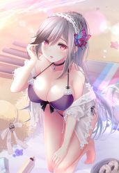 Rule 34 | 1girl, absurdres, azur lane, bikini, black choker, blue butterfly, blue gemstone, braid, breasts, bug, butterfly, butterfly hair ornament, choker, crown braid, doughnut, dunkerque (azur lane), dunkerque (summer sucre) (azur lane), food, from above, front-tie bikini top, front-tie top, gem, grey hair, hair ornament, hat, highres, insect, kneeling, large breasts, leaning forward, long hair, oyoyoyo, purple bikini, red eyes, see-through, see-through shirt, solo, straw hat, sun hat, swimsuit, very long hair