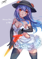 Rule 34 | 1girl, absurdres, alternate costume, bare shoulders, black gloves, black thighhighs, blue hair, breasts, cleavage, collarbone, dress, elbow gloves, gloves, hat, highres, hinanawi tenshi, long hair, looking at viewer, myero, no bra, red eyes, signature, small breasts, solo, strapless, strapless dress, sword of hisou, thighhighs, touhou, very long hair, white dress, zettai ryouiki
