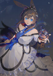 Rule 34 | 1girl, ambience synesthesia, amiya (arknights), animal ear fluff, animal ears, api qwq, arknights, bare shoulders, black collar, blue eyes, blue ribbon, blush, brown hair, chinese commentary, collar, commentary request, crown, dress, globus cruciger, hair between eyes, highres, holding, jewelry, lipstick, long hair, looking at viewer, makeup, multiple rings, off-shoulder dress, off shoulder, official alternate costume, parted lips, rabbit ears, rabbit girl, ribbon, ring, solo, white dress