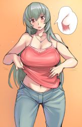 Rule 34 | 00s, 1girl, adjusting clothes, blush, breasts, cross-section, curvy, flying sweatdrops, jewelry, large breasts, long hair, navel, necklace, aged up, open mouth, red eyes, rozen maiden, shirt tug, silver hair, solo, suigintou, tank top, tsuda nanafushi, wide hips, x-ray