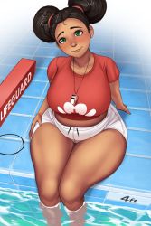 Rule 34 | 1girl, bad id, bad twitter id, belly, black hair, blush, breasts, curvy, dark-skinned female, dark skin, english text, female focus, fupa, green eyes, hair buns, highres, large breasts, lifeguard, long hair, looking at viewer, midriff, original, plump, pool, red shirt, shirt, shorts, sitting, smile, solo, thick thighs, thighs, toroboro, whistle, white shorts, wide hips