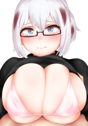 Rule 34 | 1boy, 1girl, bikini, blue eyes, blush, boku no hero academia, breasts, breasts out, cleavage, glasses, highres, implied paizuri, large breasts, looking at viewer, multicolored hair, paizuri, pov, red hair, short hair, shpo, sweater, swimsuit, todoroki fuyumi, turtleneck, white background, white hair