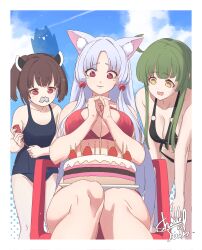 Rule 34 | 3girls, :3, absurdres, alternate costume, animal ear fluff, animal ears, behind another, bikini, birthday cake, black bikini, blue sky, border, breasts, brown hair, cake, cleavage, cloud, contrail, fake facial hair, fake mustache, feet out of frame, food, fox ears, ghost, green hair, grey hair, halftone, halftone background, hands up, happy tears, highres, holding, holding party popper, large breasts, leaning forward, long hair, multiple girls, nhk (voiceroid), on chair, open mouth, own hands together, parted lips, party popper, red bikini, red eyes, school swimsuit, shade of trees, short hair, short twintails, siblings, sidelocks, signature, sisters, sitting, sky, small breasts, smile, standing, swimsuit, tearing up, tears, touhoku itako, touhoku kiritan, touhoku zunko, twintails, voiceroid, white border