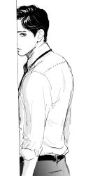 Rule 34 | 1boy, bad id, bad pixiv id, belt, collared shirt, from behind, greyscale, highres, looking at viewer, looking back, ma2, male focus, monochrome, necktie, original, pants, shirt, sketch, solo, suspenders, wall