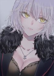 Rule 34 | 1girl, breasts, cleavage, dress, fate/grand order, fate (series), fur collar, fur trim, grey background, highres, jeanne d&#039;arc (fate), jeanne d&#039;arc alter (fate), jeanne d&#039;arc alter (ver. shinjuku 1999) (fate), jewelry, large breasts, necklace, official alternate costume, omizu (omz), sad, short hair, silver hair, solo, tsurime, wicked dragon witch ver. shinjuku 1999, yellow eyes