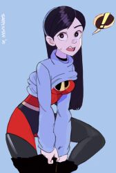 Rule 34 | 1girl, 2020, artist name, black hair, blue background, blue sweater, bodysuit, boots, clothes lift, commission, female focus, long hair, long sleeves, open mouth, solo, sooperman, sweatdrop, sweater, sweater lift, teeth, the incredibles, thigh boots, thighs, undressing, upper teeth only, violet parr