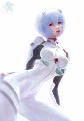 Rule 34 | 1girl, ayanami rei, blue hair, character name, commentary, hand on own hip, headgear, highres, looking at viewer, neon genesis evangelion, nerv, open mouth, plugsuit, realistic, red eyes, ruoxin zhang, short hair, simple background, solo, symbol-only commentary, tagme, thighs, watermark, web address, white background