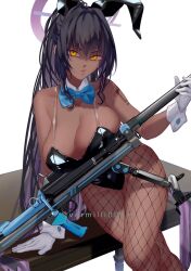 Rule 34 | 1girl, anti-materiel rifle, bad id, bad twitter id, black leotard, blue archive, blue bow, blue bowtie, bow, bowtie, breasts, cleavage, crossed legs, dark-skinned female, dark skin, detached collar, fishnets, gloves, gun, hair between eyes, halo, highres, karin (blue archive), karin (bunny) (blue archive), large breasts, leaning to the side, leotard, light frown, long hair, looking at viewer, mechanical halo, on table, playboy bunny, ponytail, rifle, shinoda giri, sidelocks, sitting, sniper rifle, solo, strap, table, thighs, very long hair, weapon, white background, white gloves, yellow eyes
