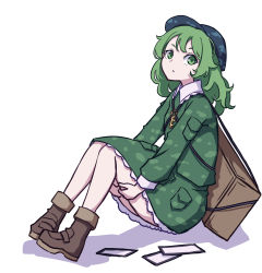 Rule 34 | :o, absurdres, backpack, bag, blue headwear, boots, brown footwear, camouflage, camouflage headwear, camouflage jacket, camouflage shirt, camouflage skirt, card, dress, flat cap, flat chest, green dress, green hair, hands on thighs, hat, highres, jacket, kame (kamepan44231), key, key necklace, looking to the side, medium hair, necklace, shirt, short hair, simple background, skirt, skirt set, touhou, white background, yamashiro takane