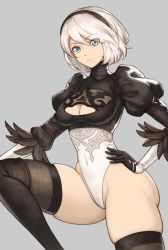 Rule 34 | 1girl, ass, black dress, black gloves, black hairband, black thighhighs, blue eyes, boots, breasts, cameltoe, commentary request, dress, feather-trimmed sleeves, gloves, grey background, hairband, highres, juliet sleeves, large breasts, leotard, long sleeves, mole, mole under mouth, nier (series), nier:automata, no pants, parted lips, puffy sleeves, short hair, silver hair, simple background, solo, thighhighs, thighhighs under boots, tsuki suigetsu, white leotard, 2b (nier:automata)