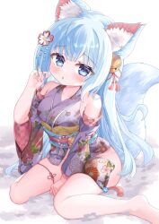 Rule 34 | 1girl, animal ear fluff, animal ears, arm up, barefoot, bell, between legs, blue eyes, blue hair, blush, feet, floral print, fox ears, fox girl, hair ornament, hand between legs, hand in own hair, highres, hiyada yuu, japanese clothes, jingle bell, kimono, long hair, looking at viewer, one side up, open mouth, original, pink kimono, print kimono, short kimono, sitting, solo, tail, thighs, toes