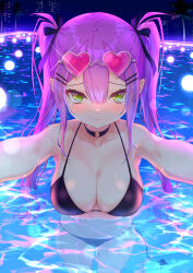 Rule 34 | 1girl, absurdres, alternate breast size, blush, breasts, demon tail, ear piercing, feet out of frame, green eyes, hands out of frame, heart glasses, highres, hololive, i-k-ekaki-9-8, large breasts, night, night sky, palm tree, piercing, pool, pov, purple hair, sad, sky, sunglasses, sunglasses on head, swimsuit, tail, tokoyami towa, tree, twintails, virtual youtuber, water, wet