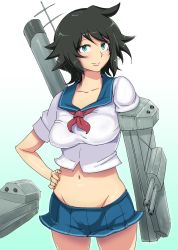 Rule 34 | 10s, 1girl, ao madoushi, black hair, blue eyes, cannon, collarbone, gradient background, groin, hand on own hip, highres, kako (kancolle), kantai collection, looking at viewer, machinery, midriff, navel, parted bangs, school uniform, serafuku, short hair, smile, solo, turret