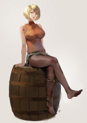 Rule 34 | 1girl, ashley graham, bare shoulders, barrel, blonde hair, boots, unworn boots, breasts, brown footwear, brown pantyhose, capcom, club3, commentary, english commentary, green skirt, grey eyes, highres, large breasts, lips, looking at viewer, no shoes, orange sweater, pantyhose, pink lips, resident evil, resident evil 4, resident evil 4 (remake), ribbed sweater, short hair, signature, simple background, single boot, skirt, sleeveless, sleeveless sweater, smile, solo, sweater, thighs, toes, torn clothes, turtleneck, turtleneck sweater, white background