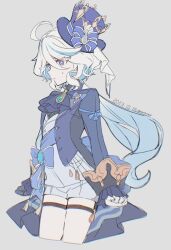 Rule 34 | 1girl, ahoge, ascot, asymmetrical gloves, black gloves, blue brooch, blue eyes, blue hair, blue hat, blue jacket, clenched hands, closed mouth, cowboy shot, drop-shaped pupils, furina (genshin impact), genshin impact, gloves, grey background, hat, jacket, long hair, long sleeves, mismatched gloves, mm (motot), multicolored hair, simple background, solo, standing, streaked hair, sweat, symbol-shaped pupils, top hat, white gloves, white hair, worried