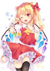 Rule 34 | 1girl, ;d, animal ears, ascot, black thighhighs, blonde hair, bow, cat day, cat ears, cat tail, chisiro unya (unya draw), clenched hands, cowboy shot, crystal, fang, flandre scarlet, frilled skirt, frills, hair bow, one eye closed, one side up, open mouth, paw print, red bow, red eyes, red skirt, red vest, shirt, short hair, short sleeves, skirt, smile, solo, standing, tail, thighhighs, touhou, vest, white background, white shirt, wings, wrist cuffs, yellow ascot