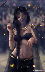 Rule 34 | 1girl, artist name, bandeau, black hair, blurry, blurry background, braid, breasts, copyright name, ghostblade, green eyes, harem outfit, head tilt, highres, long hair, looking at viewer, making-of available, medium breasts, mouth veil, navel, solo, standing, veil, wlop