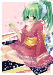 Rule 34 | 00s, alcohol, flower, green eyes, green hair, japanese clothes, kimono, new year, open mouth, pink background, pointy ears, ponytail, sake, sazaki ichiri, sitting, smile, solo