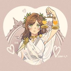 Rule 34 | 1girl, arm up, armpits, brown hair, closed mouth, earrings, green eyes, heart, holding, jewelry, lever, long hair, necklace, pink background, rosa (tears of themis), see-through, solo, tears of themis, toga, waffletop, wreath