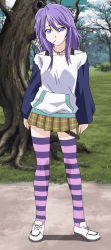Rule 34 | 00s, 1girl, absurdres, belt, blue eyes, highres, long hair, miniskirt, purple hair, rosario+vampire, screencap, shirayuki mizore, skirt, solo, stitched, striped clothes, striped thighhighs, thigh strap, thighhighs, third-party edit