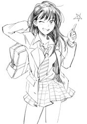 Rule 34 | 1girl, arm behind head, bag, blazer, coppelion, greyscale, index finger raised, jacket, long hair, looking at viewer, miniskirt, monochrome, naruse ibara, necktie, one eye closed, open mouth, penki, plaid, plaid skirt, pleated skirt, school bag, school uniform, sketch, skirt, smile, solo, star (symbol), striped necktie, striped neckwear