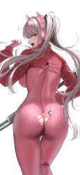 Rule 34 | 1girl, @ @, absurdres, alice (nikke), ass, ass peek, blush, bodysuit, breasts, butt crack, commentary request, from behind, gloves, goddess of victory: nikke, grey hair, gun, hana hebi, highres, holding, holding gun, holding weapon, large breasts, long sleeves, looking at viewer, looking back, no panties, open mouth, pink bodysuit, pink eyes, pink gloves, pink headphones, puffy long sleeves, puffy sleeves, red shrug, simple background, solo, torn clothes, twintails, weapon, white background