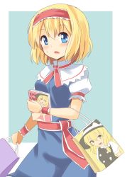 Rule 34 | 1girl, :d, alice margatroid, bag, blonde hair, blue background, blue dress, blue eyes, blush, book, breasts, capelet, cowboy shot, d:, dress, hairband, holding, holding book, kirisame marisa, lolita hairband, looking at viewer, manga (object), open mouth, pornography, puffy short sleeves, puffy sleeves, revision, ribbon, sash, shimouki izui, shopping bag, short hair, short sleeves, smile, solo, sweatdrop, touhou, white background, wrist cuffs