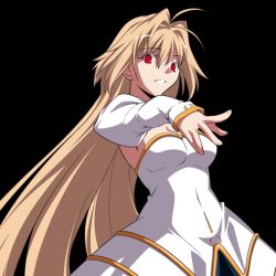 Rule 34 | 00s, 1girl, archetype earth, arcueid brunestud, blonde hair, dress, hair intakes, long hair, melty blood, official art, princess outfit, red eyes, solo, strapless, strapless dress, takeuchi takashi, tsukihime