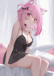 Rule 34 | 1girl, :o, absurdres, alternate breast size, animal ear fluff, animal ears, armpit crease, bare arms, bare shoulders, bed, bedroom, black choker, black nightgown, black ribbon, breasts, cat ears, cat girl, choker, cleavage, collarbone, commentary, ear piercing, fingernails, hair ornament, hair ribbon, hairclip, highres, indie virtual youtuber, indoors, jewelry, juu p, large breasts, legs, looking at viewer, medium hair, mikeneko (vtuber), mikeneko (vtuber) (2nd costume), mikeneko (vtuber) (3rd costume), multiple piercings, nail polish, nightgown, paw tattoo, pendant choker, piercing, pillow, pink eyes, pink gemstone, pink hair, pink nails, ribbon, single hair ring, sitting, solo, strap slip, thighs, virtual youtuber, x hair ornament
