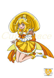 Rule 34 | 10s, 1girl, adapted costume, anniversary, arudebido, blonde hair, bow, bowtie, brooch, character name, choker, copyright name, cure peace, frills, full body, hair flaps, jewelry, kise yayoi, long hair, magical girl, aged up, outstretched hand, precure, shoes, skirt, smile, smile precure!, solo, tiara, white background, wrist cuffs, yellow eyes, yellow skirt, yellow theme