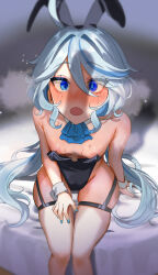 Rule 34 | 1girl, ahoge, animal ears, anzu0130, areola slip, ascot, black leotard, blue eyes, blue hair, blush, breasts, detached collar, drop-shaped pupils, fake animal ears, furina (genshin impact), genshin impact, hair between eyes, highleg, highleg leotard, highres, leotard, light blue hair, long hair, multicolored hair, open mouth, penis shadow, playboy bunny, rabbit ears, sitting, small breasts, solo, streaked hair, sweat, symbol-shaped pupils, thighs, white hair, wrist cuffs