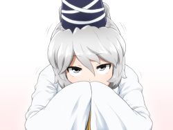 Rule 34 | 1girl, blue hat, commentary request, covering own mouth, grey eyes, hair between eyes, hat, japanese clothes, jitome, kariginu, light blush, long hair, looking at viewer, mononobe no futo, ponytail, shirosato, silver hair, simple background, sleeves past fingers, sleeves past wrists, solo, tate eboshi, touhou, upper body, white background, wide sleeves