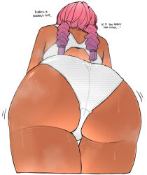 Rule 34 | 1girl, ass, ass focus, braid, dark-skinned female, dark skin, english text, huge ass, long hair, ohasi, one-piece swimsuit, original, pink (ohasi), pink hair, simple background, solo, steaming body, sweat, swimsuit, thick thighs, thighs, twin braids, white one-piece swimsuit, wide hips