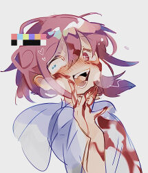 Rule 34 | 1boy, blood, blood on clothes, blood on face, blood on hands, blue eyes, blush, commentary request, constricted pupils, crazy, crazy eyes, crazy smile, dirty, dirty clothes, drooling, fangs, glitch, hair between eyes, heart, heavy breathing, heterochromia, highres, hood, hood down, hoodie, looking to the side, male focus, open mouth, original, pink eyes, pink hair, ponytail, raised eyebrows, raito-kun (uenomigi), short hair, sidelocks, simple background, smile, solo, star (symbol), sweat, teeth, tongue, uenomigi, upper body, white background, white hoodie, yandere