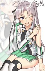 Rule 34 | 1girl, ;o, ahoge, akitsushima (kancolle), artist name, bad id, bad twitter id, blush, dated, earrings, green skirt, hair ornament, hair ribbon, hand on own arm, jewelry, kantai collection, long hair, looking at viewer, military, military uniform, miniskirt, one eye closed, pallad, pleated skirt, purple eyes, purple hair, ribbon, side ponytail, sidelocks, signature, sitting, skirt, solo, thighhighs, torn clothes, torn thighhighs, uniform