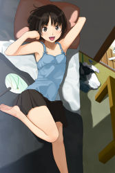 Rule 34 | 1girl, :d, amagami, armpits, bare legs, barefoot, bed, brown eyes, brown hair, camisole, cat, chemise, clothes on floor, feet, flat chest, hand fan, highres, legs, long legs, lying, on back, open mouth, paper fan, pillow, short hair, skirt, smile, solo, table, tachibana miya, takayama kisai, tatami, uchiwa