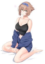 Rule 34 | 1girl, barefoot, black camisole, blue hairband, blue jacket, breasts, brown hair, camisole, collarbone, commentary request, feet, full body, green eyes, hairband, jacket, kantai collection, large breasts, legs, looking at viewer, mutsu (kancolle), open clothes, open jacket, short hair, simple background, sitting, solo, takase asagiri, toenails, toes, white background