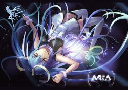 Rule 34 | 1girl, alternate eye color, alternate hair color, aria (vocaloid), backlighting, diffraction spikes, full body, hair between eyes, hatsune miku, letterboxed, long hair, purple hair, solo, song name, thighhighs, very long hair, vocaloid, wangchuan de quanyan, white thighhighs, yellow eyes