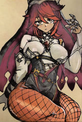 Rule 34 | 1girl, bags under eyes, bare shoulders, breasts, brown eyes, claw pose, claw ring, closed mouth, covered erect nipples, derivative work, detached sleeves, dress, fishnet pantyhose, fishnets, genshin impact, nun, pantyhose, purple headwear, red hair, rosaria (genshin impact), self-upload, skin tight, thick thighs, thighs