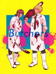 Rule 34 | 1boy, 1girl, apron, black necktie, black pants, blonde hair, blood, blood on clothes, blood on shoes, blood splatter, bloody weapon, brown hair, chainsaw, chainsaw man, collared shirt, denji (chainsaw man), drgryu750, gloves, higashiyama kobeni, highres, holding, holding chainsaw, looking at viewer, machete, mole, mole under eye, necktie, pants, shirt, shirt tucked in, short hair, short ponytail, sideways glance, single sidelock, sleeves rolled up, weapon, white apron, white gloves, white shirt, yellow eyes
