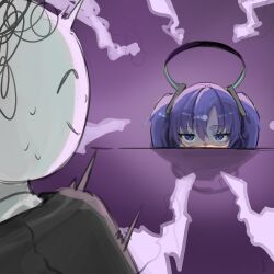 Rule 34 | 1boy, 1girl, absurdres, angry, doodle sensei (blue archive), blue archive, halo, highres, looking at viewer, nonoa (user encv7327), purple background, purple eyes, purple hair, sensei (blue archive), twintails, yuuka (blue archive)